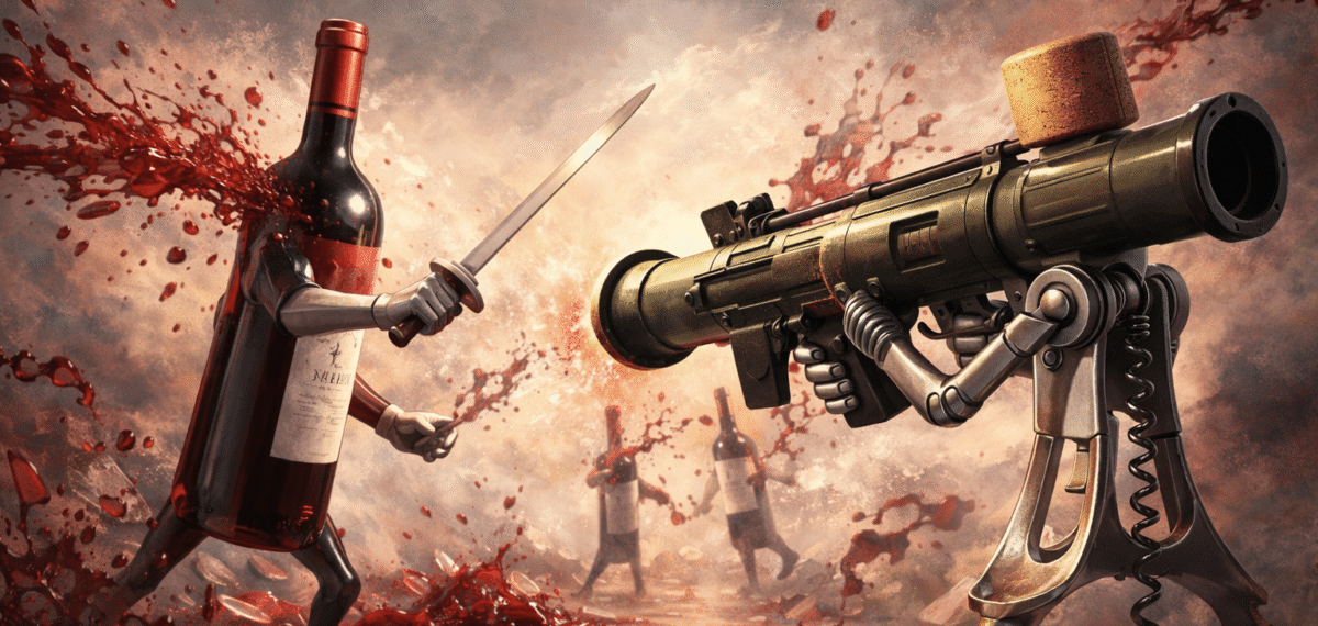 Wine bottle wielding sword faces wine bazooka