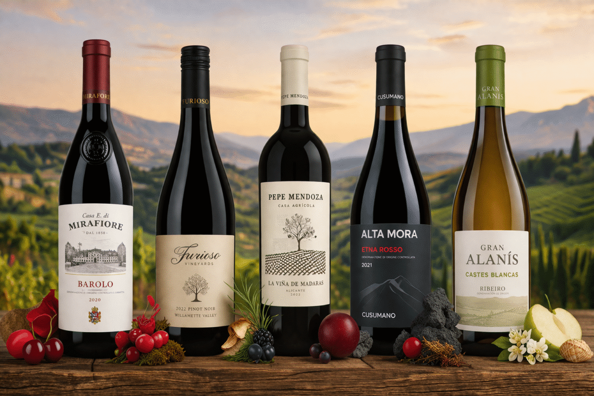 Five wine bottles with landscape background