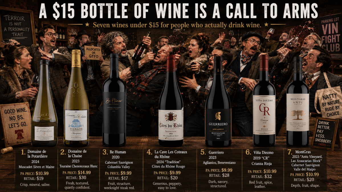Seven affordable wine bottles with dramatic bar scene